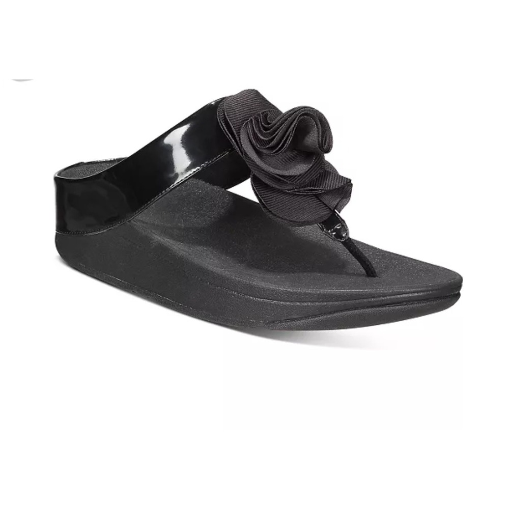 FitFlop Black Patent Ruffle Rosette Leather Thong Wedge Comfort Sandals US 10
